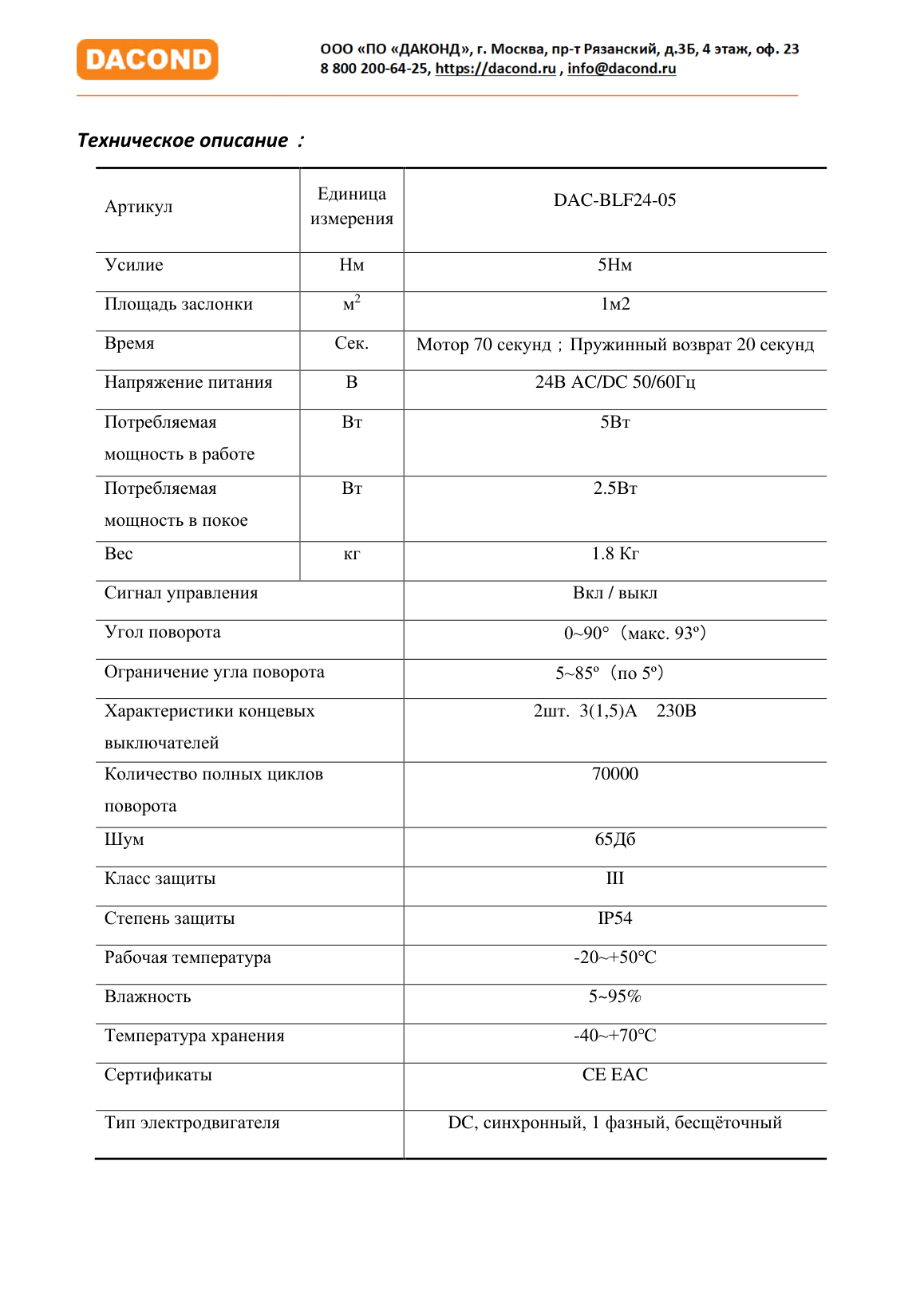 Противопожарный привод воздушной заслонки DAC-BLF230-03